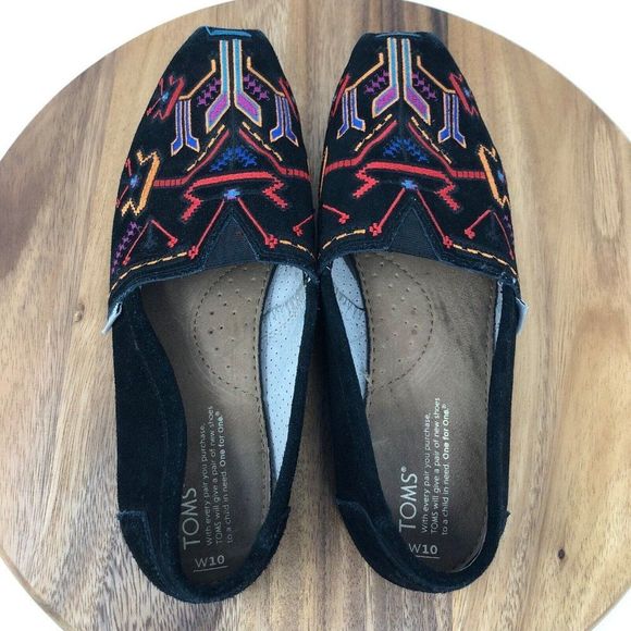 EUC Toms Black Aztec Embroidered Colorful Slip On Shoes Womens Size 10 - Picture 7 of 8